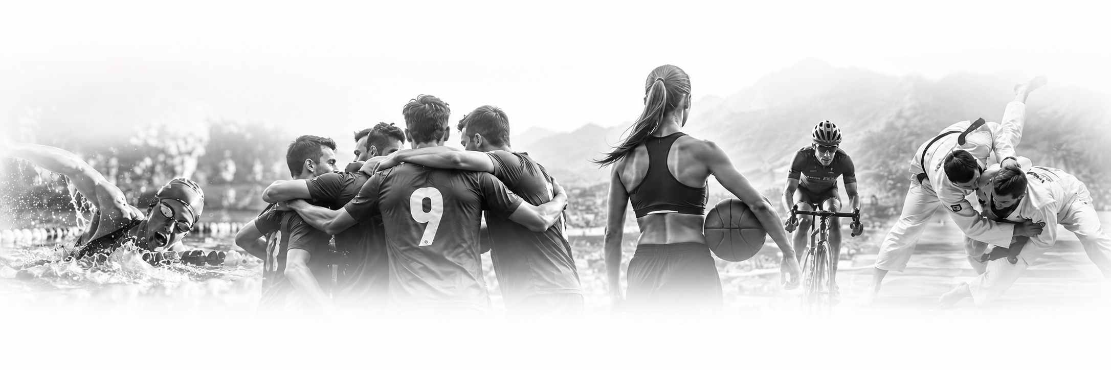 Deportistas de natación, fútbol, baloncesto, ciclismo y judo, fotografía en blanco y negro