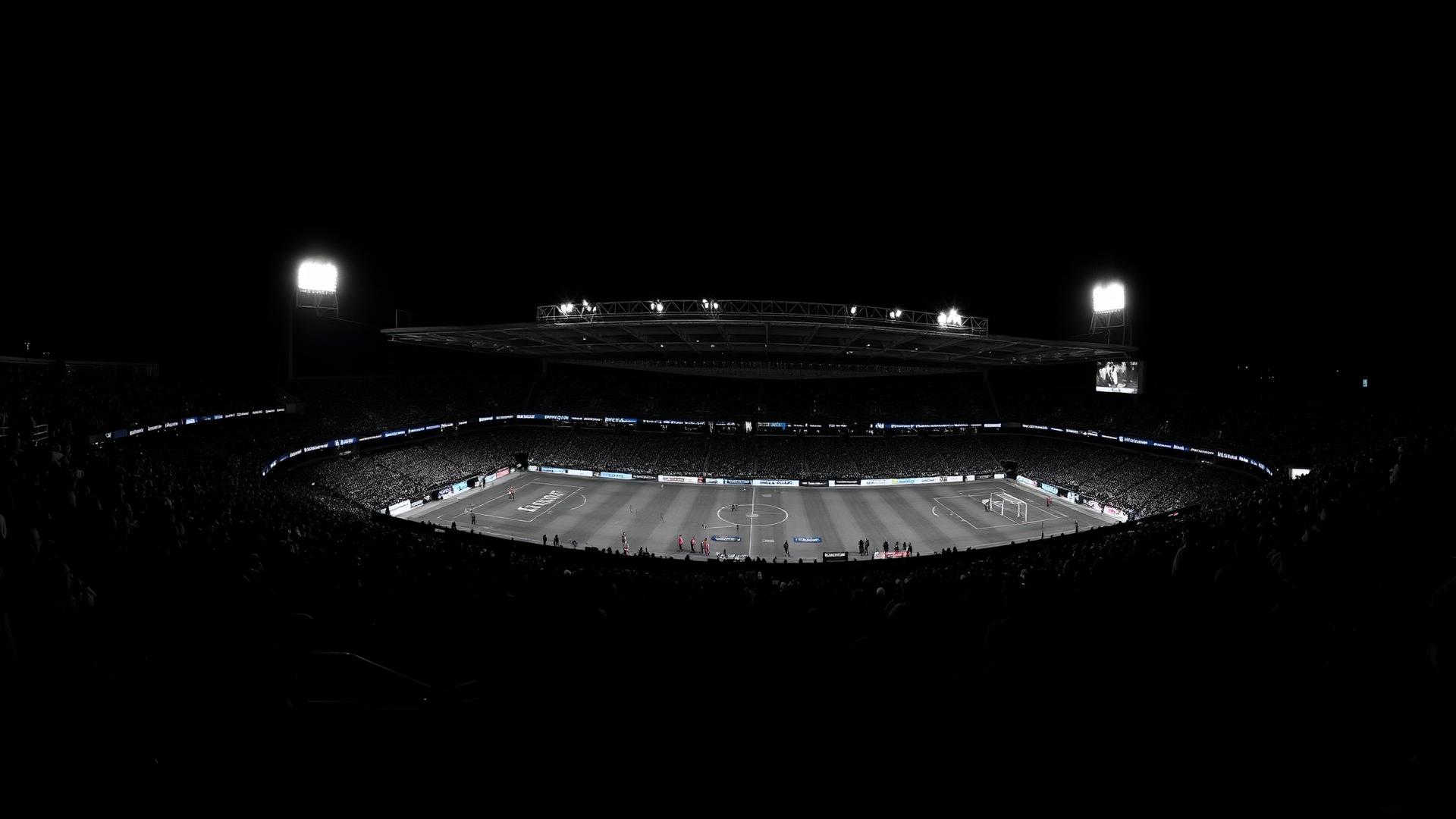 Estadio lleno de público, fotografía en blanco y negro